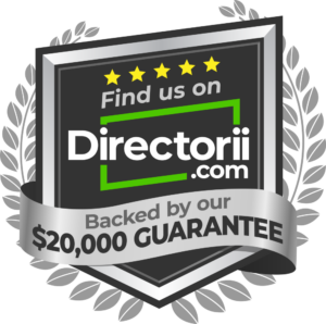 Badge promoting Directoriicom with a $20,000 guarantee. Black, silver, and green with five gold stars.