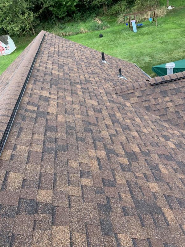 Brown asphalt shingle roof with black accents, overlooking a green yard and trees.