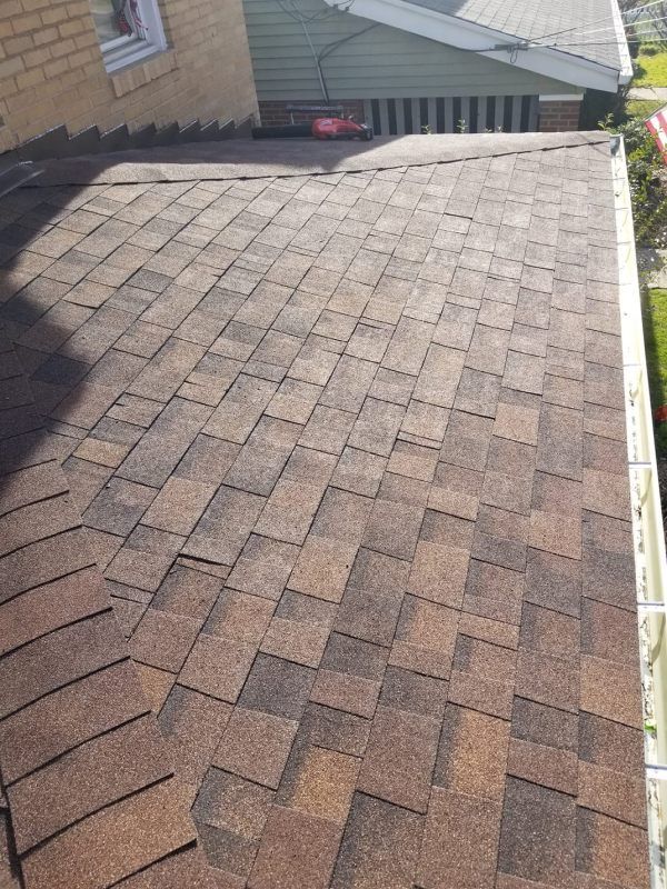 Brown asphalt shingle roof with some buckling. Building exterior with green siding. Sunny outdoor.