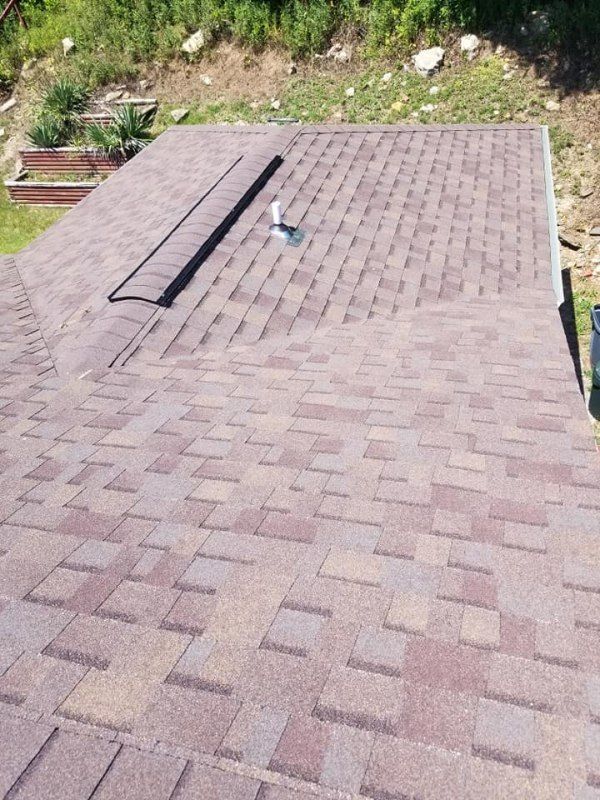 Brown shingle roof with a vent pipe and dark ridge. Green grass and trees in the background.