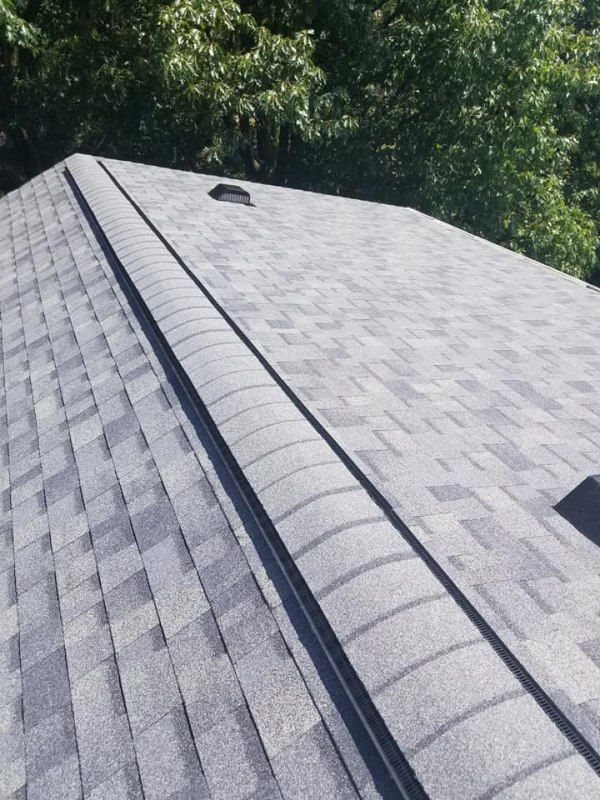 Grey asphalt shingle roof with a dark ridge cap against a backdrop of green trees.