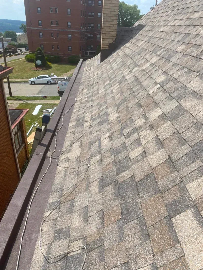 A close-up view of an asphalt shingle roof. The roof is brown and angled with a building in the background.