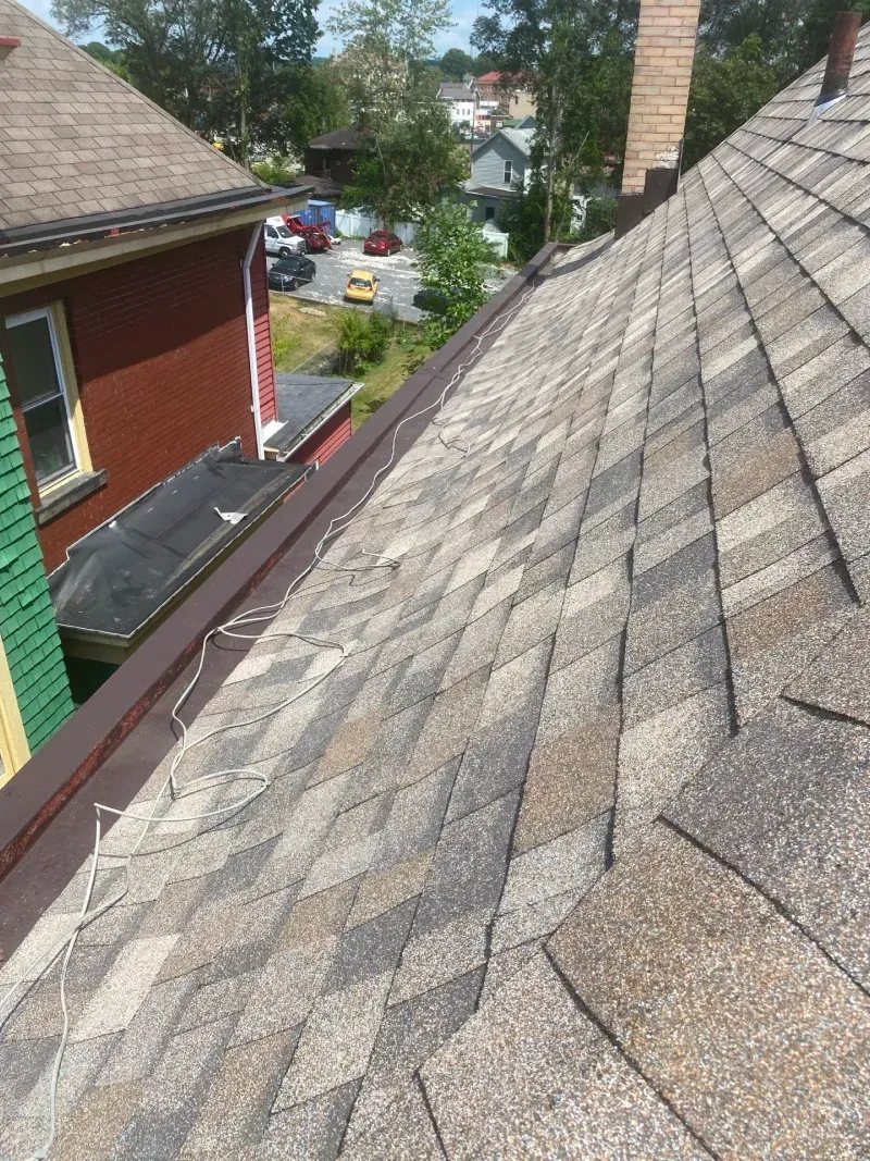 Roof with gray and brown shingles, brown gutter, adjacent to a red building.