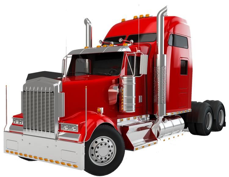 A red semi truck with a trailer on a white background.