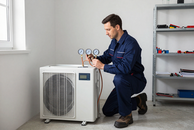 Technician kneeling beside an outdoor AC unit, checking gauges in a bright room
