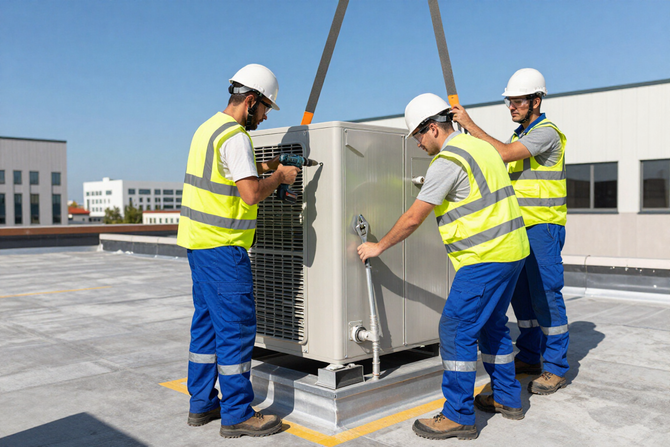 Three workers in safety vests lifting a metal HVAC unit on a rooftop.