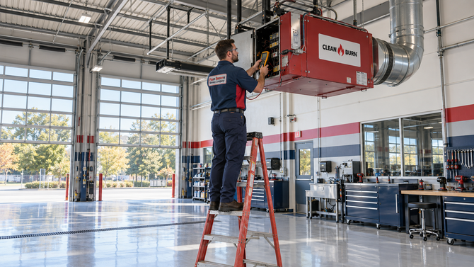Technician working on red HVAC unit on a ladder inside a bright garage