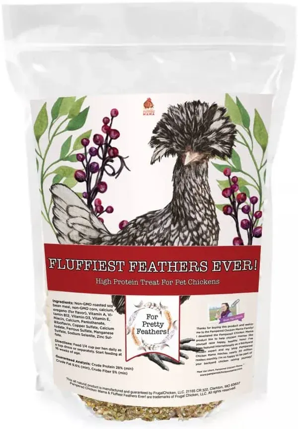 A bag of fluffest feathers ever chicken food with a picture of a chicken on it.