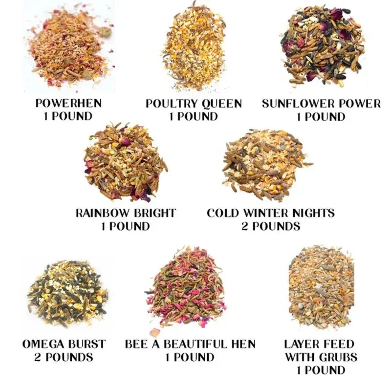 A bunch of different types of food for chickens