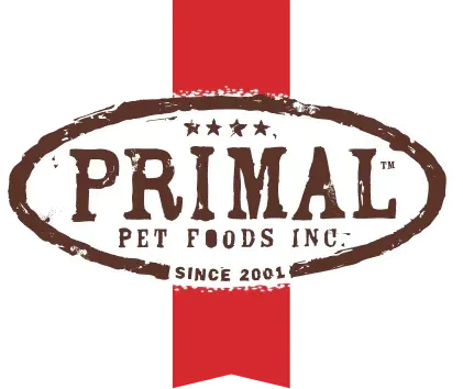 The logo for primal pet foods inc. is brown and white with a red ribbon.