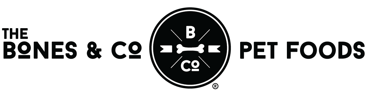 A black and white logo for the bones & co pet foods