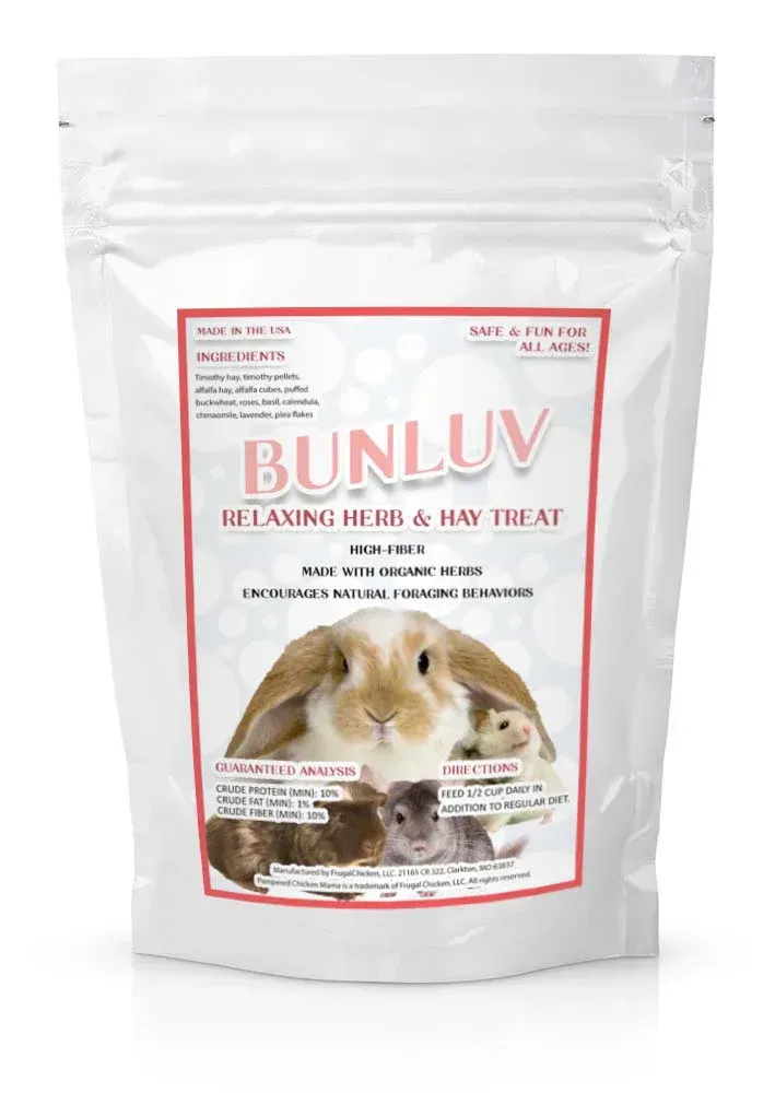 A bag of rabbit food with a picture of a rabbit on it.