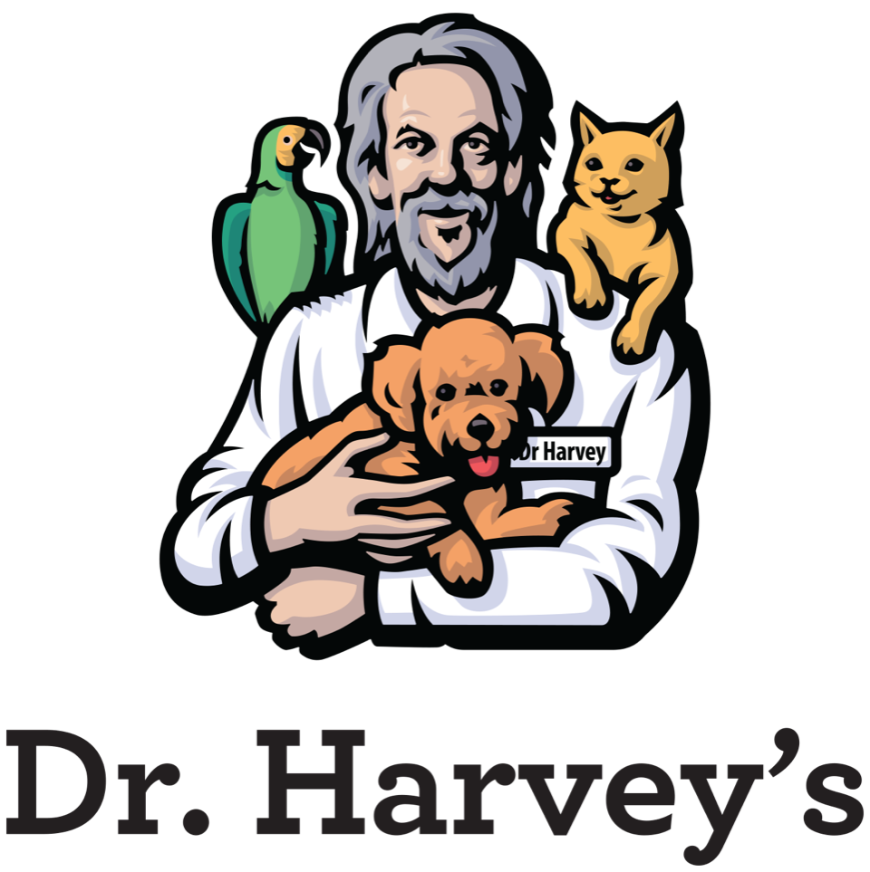 The logo for dr. harvey 's shows a man holding a dog and a cat