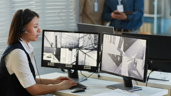 A woman wearing a headset is sitting in front of two computer monitors.