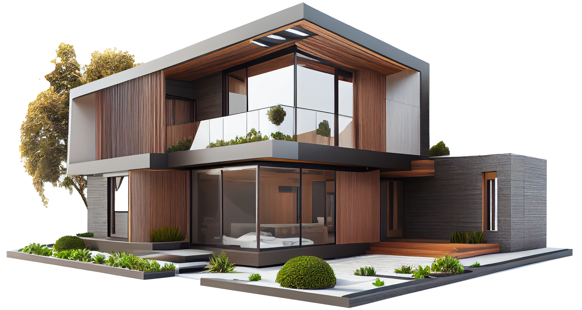 A modern house with a lot of windows and a tree in front of it.