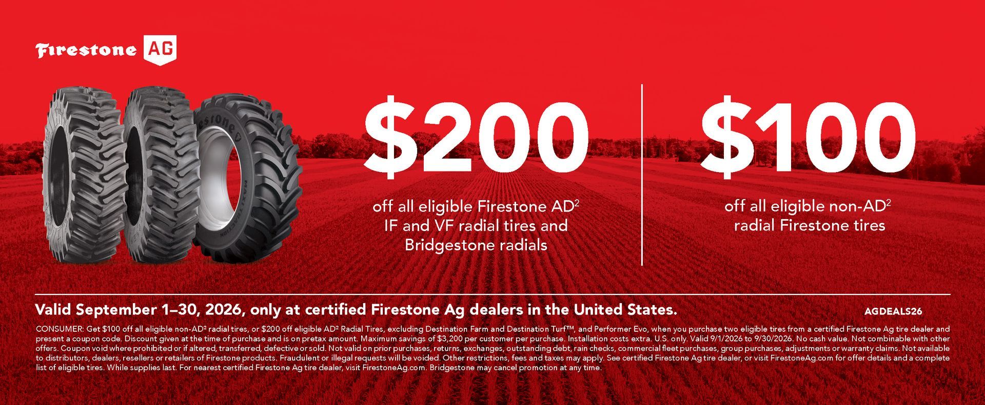 Red Firestone tire sale banner with tires and large $200 and $100 price offers