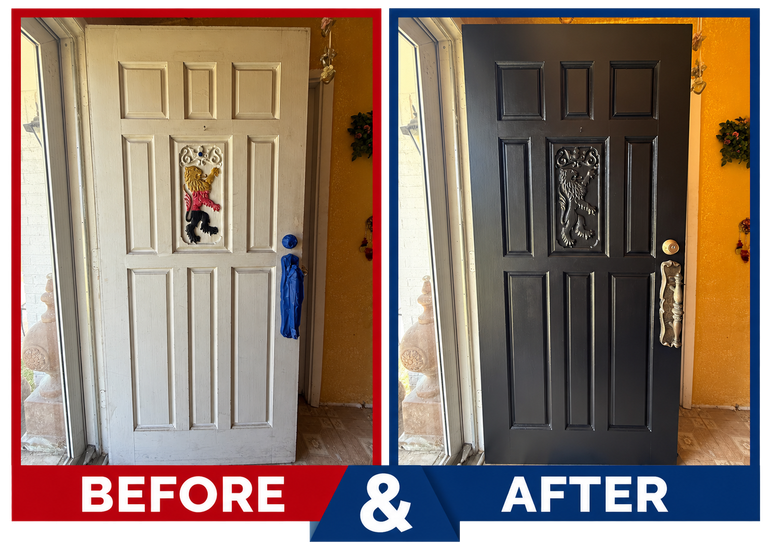 Before-and-after front door makeover: white door on left, black door on right, with 