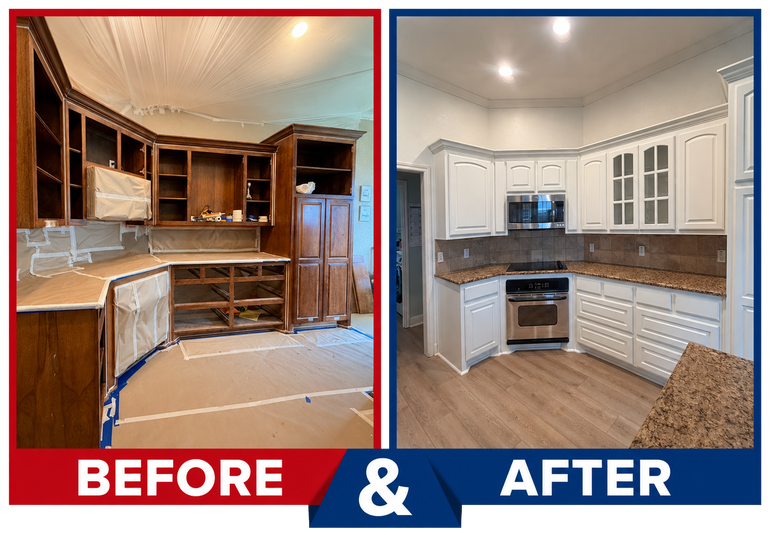 Before-and-after kitchen renovation: outdated wood cabinets vs bright white modern kitchen.