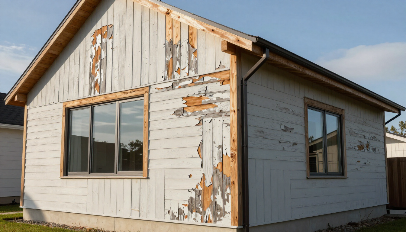 Detailed view of peeling white paint on a wooden exterior wall.