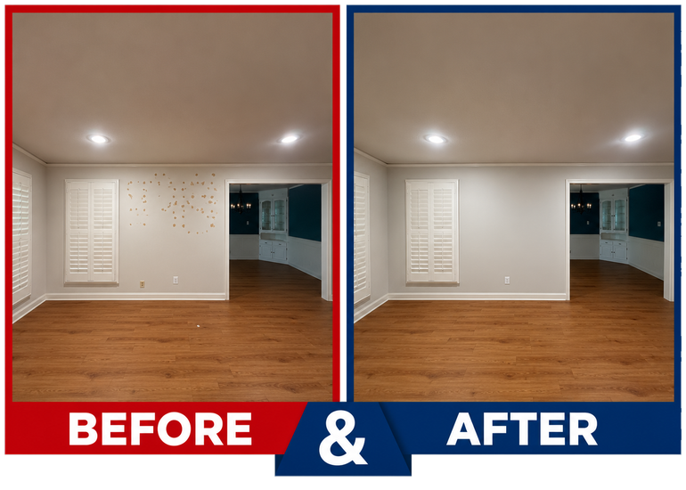 Split-screen empty room comparison labeled “Before” in red and “After” in blue.