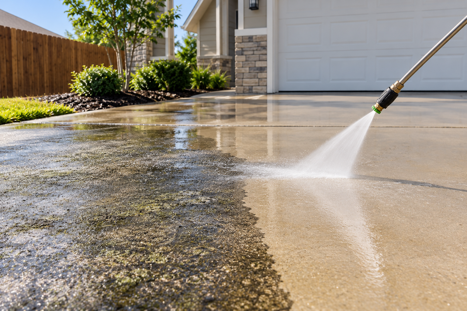 Pressure washing a driveway beside a house, cleaning wet concrete and mossy buildup