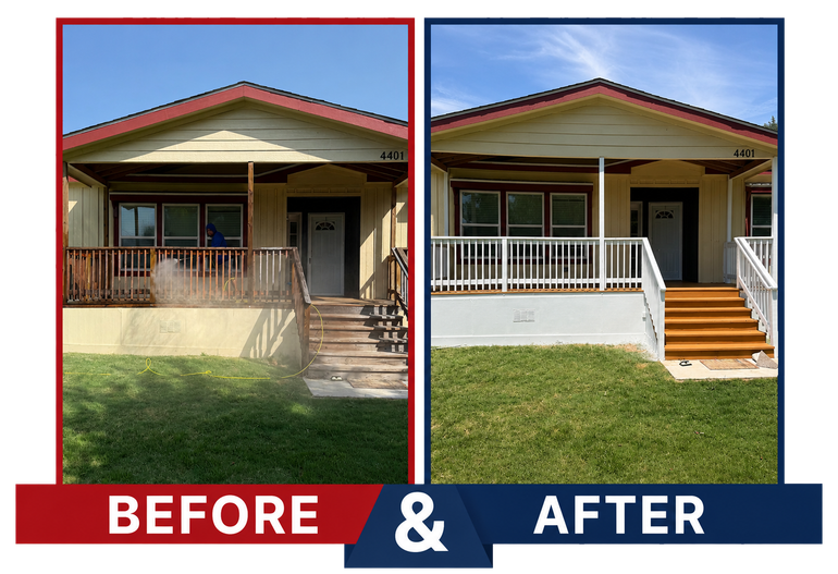 Before-and-after view of a house porch renovation, changing from red to white railing and stairs.