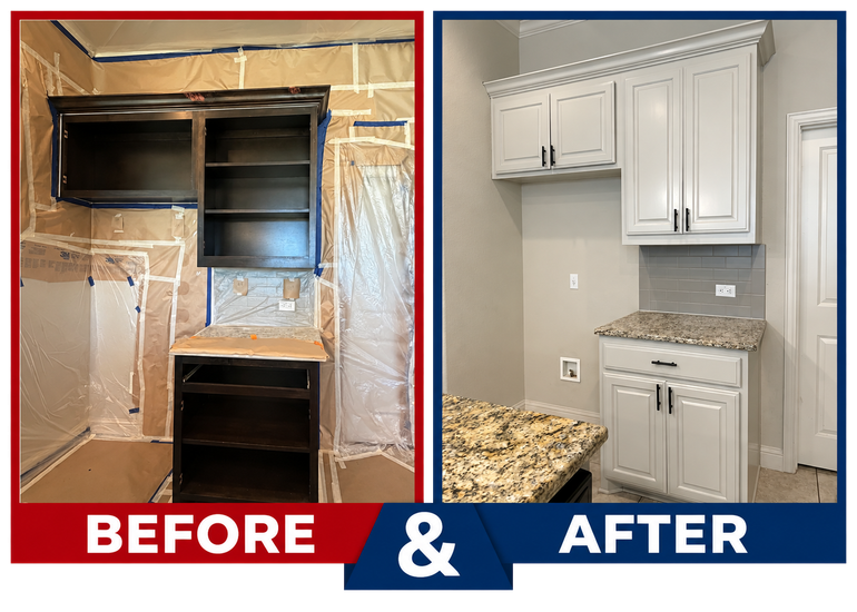 Before-and-after kitchen cabinet remodel: unfinished wood shelving replaced with white cabinets and granite countertop.