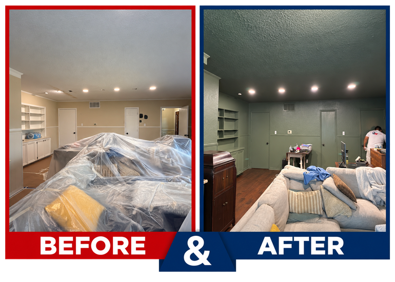 Split-screen before-and-after of a room painting makeover: beige to green walls, covered furniture, and lighting changed