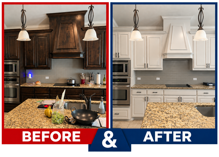 Split-screen kitchen remodel comparison: dark wood 