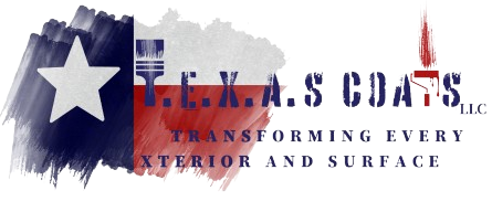 TEXAS COATS logo with blue brushstroke, white star, and red tagline “Transforming every exterior and surface”