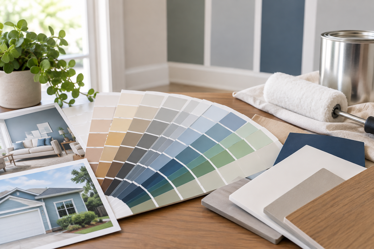 Paint swatches, color samples, and home decor materials on a desk in a bright room