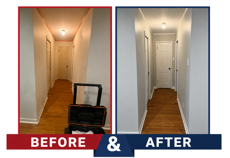 Split before-and-after hallway photo showing a cluttered entryway transformed into a clean, white hallway.