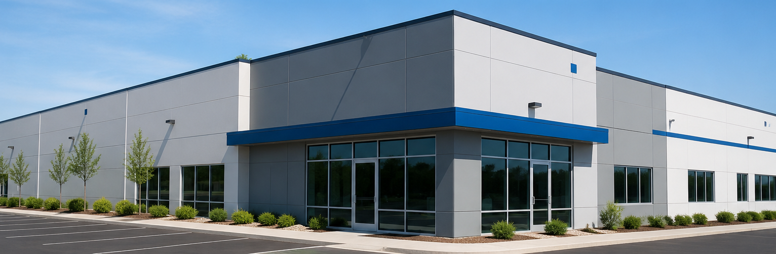 Exterior of a modern white commercial building with blue trim and glass entrance