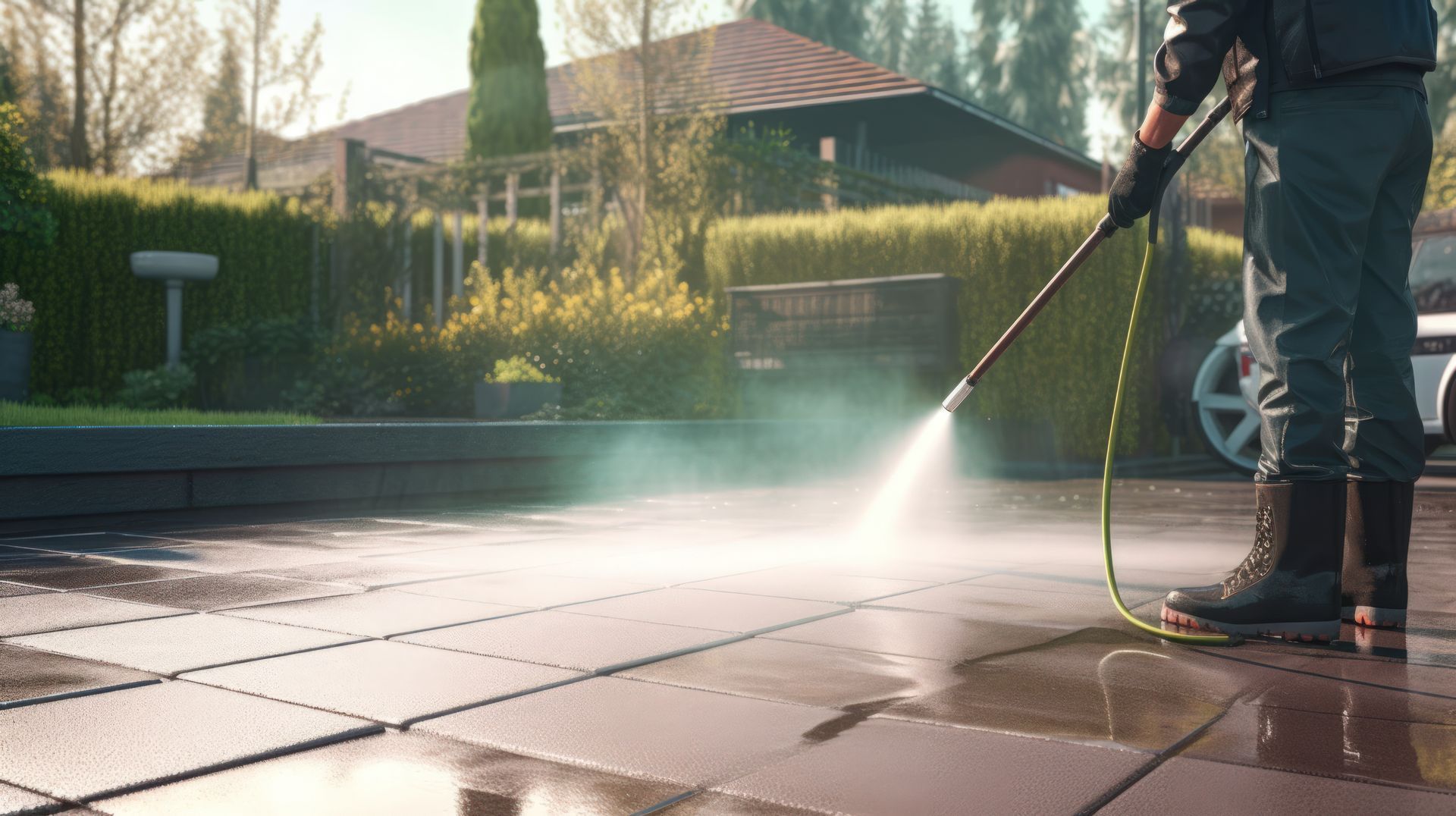 Person pressure-washing a brick wall and wet lawn with a hose
