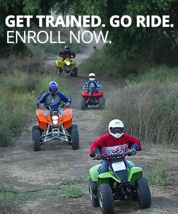 A group of people riding atvs on a dirt road with the words get trained go ride enroll now
