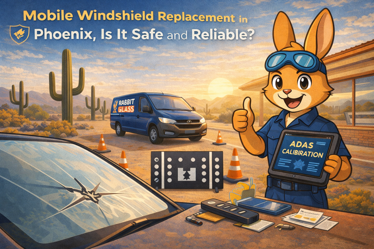 Mobile windshield replacement ad in Phoenix. A bunny in uniform with thumbs up, shows an ADAS calibration tablet near a car, a van, and cacti.