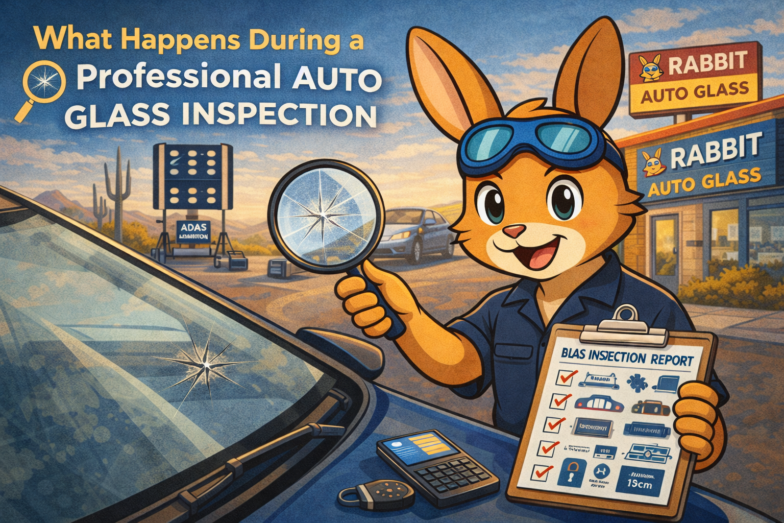 Cartoon rabbit with magnifying glass inspecting car windshield; promoting auto glass inspection.