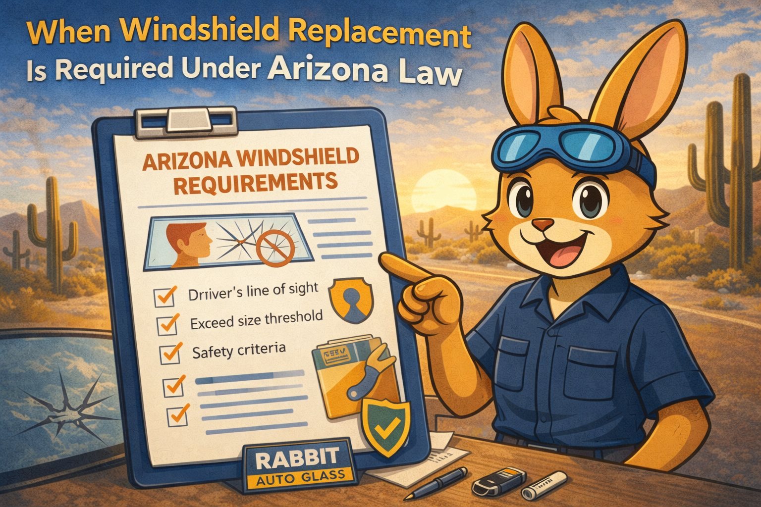 Cartoon rabbit in sunglasses points to a sign about Arizona windshield requirements for replacement.