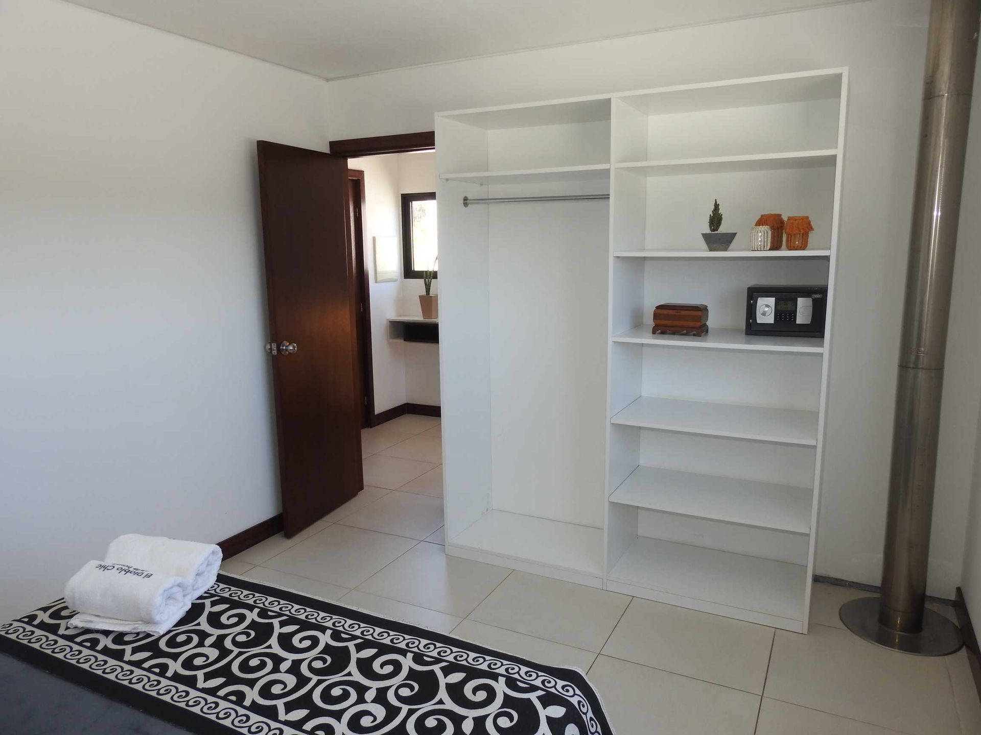 A bedroom with a closet and a rug on the floor