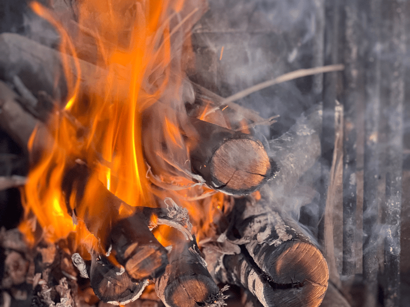 A close up of a fire with smoke coming out of it.