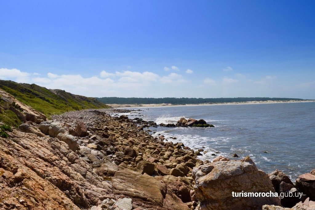 A rocky shoreline with a body of water in the background
