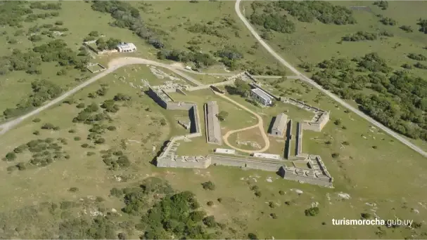 An aerial view of a castle in the middle of a field