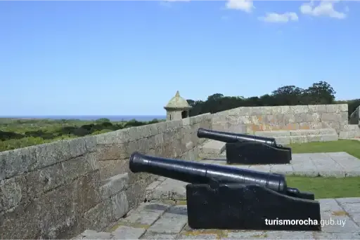 A couple of cannons sitting on top of a stone wall