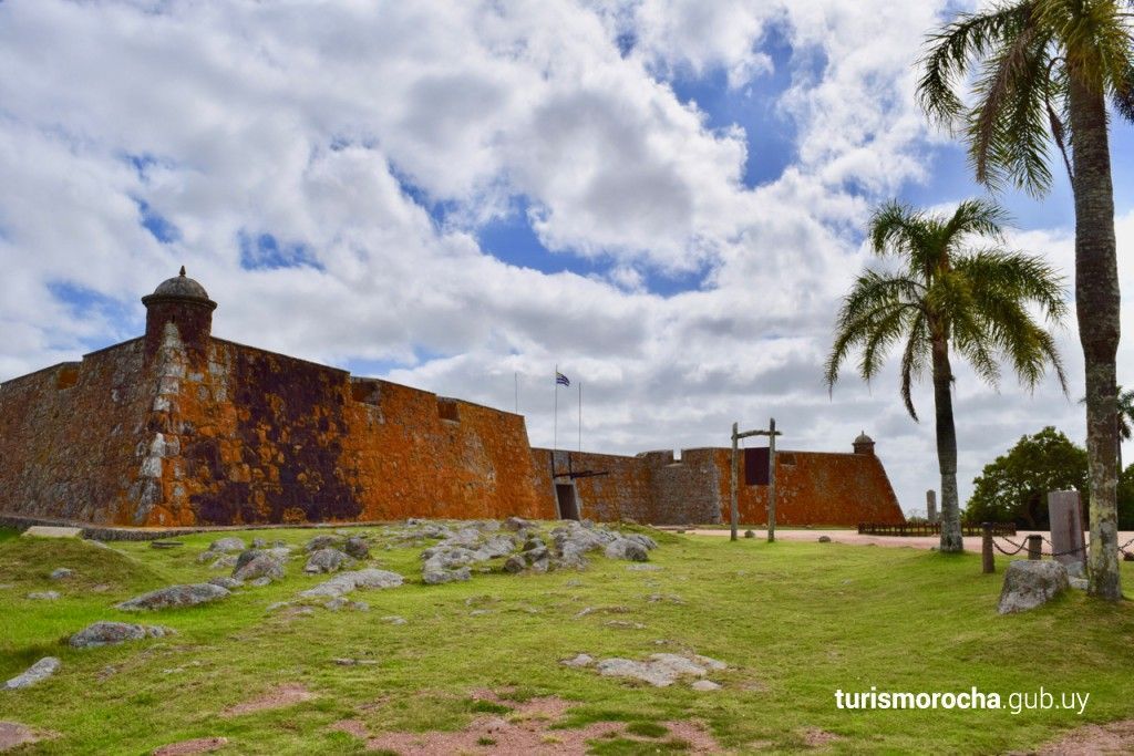 A large stone building with a palm tree in front of it.