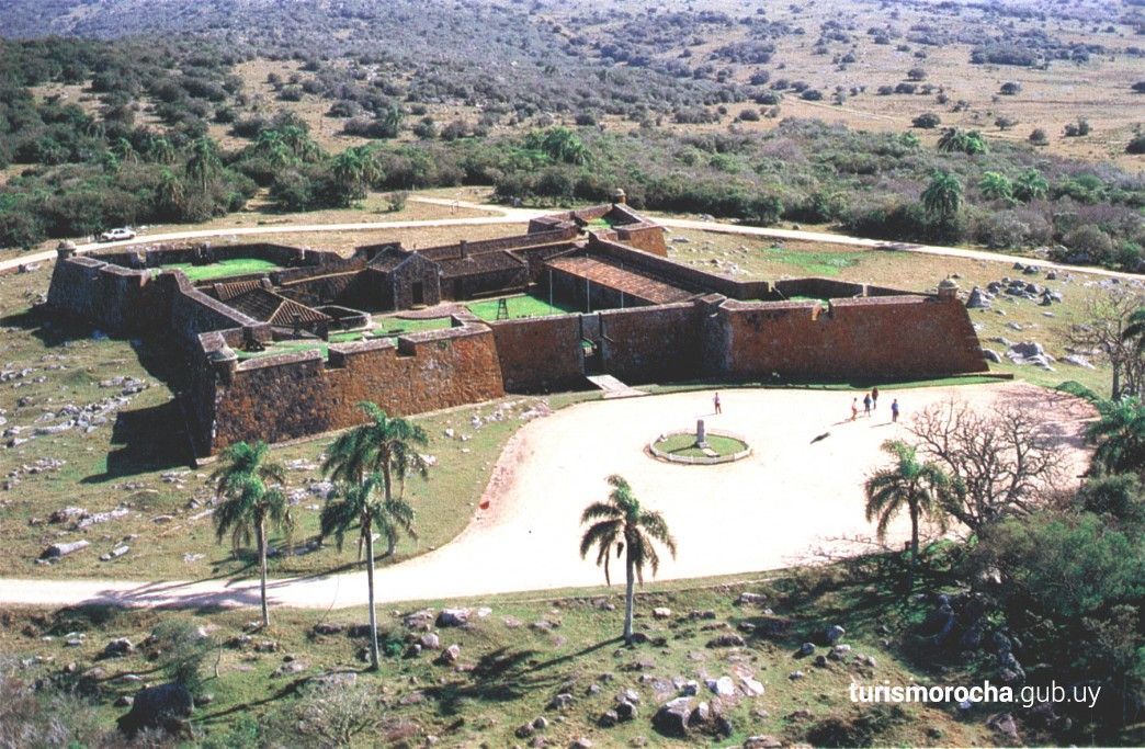 An aerial view of a castle surrounded by palm trees