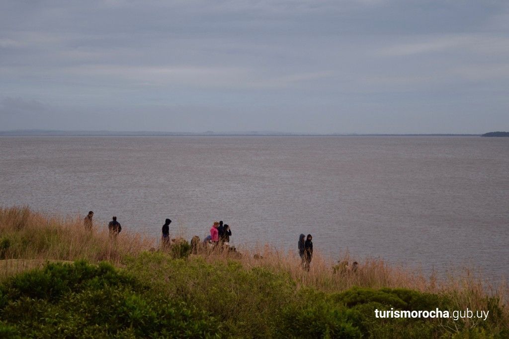 A group of people standing on top of a grassy hill overlooking the ocean.