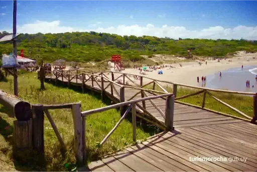 A wooden walkway leading to a beach with people walking on it.