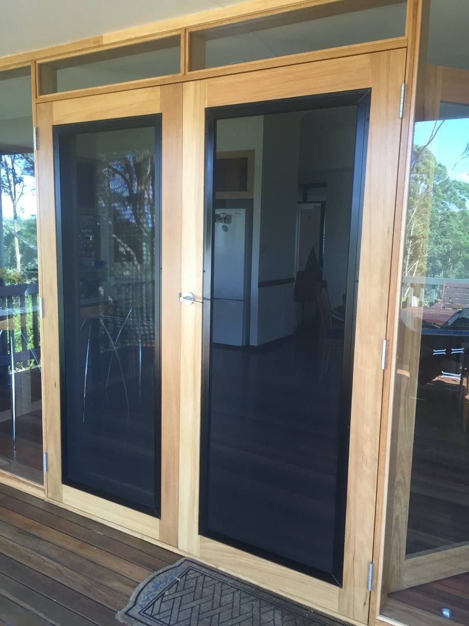 Double Glass Doors With Black Security Screens — Suburban Security Screens in Brisbane, QLD