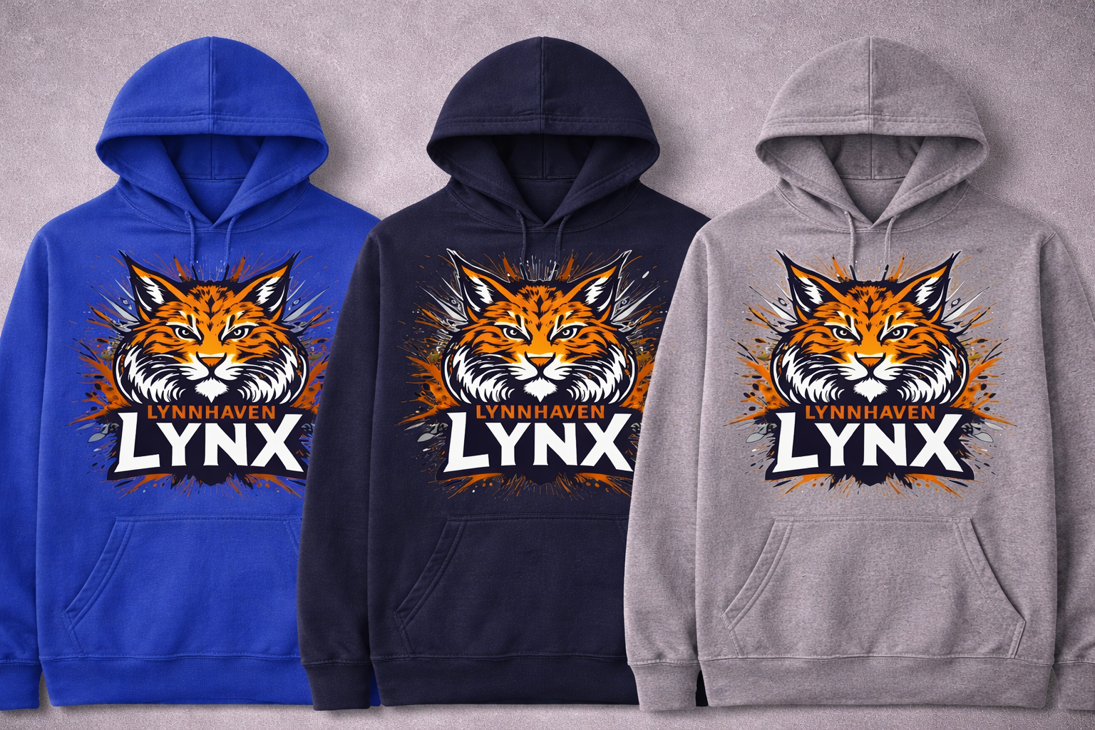 Three hooded LYNX sweatshirts in blue, black, and gray with tiger graphics lined up side by side