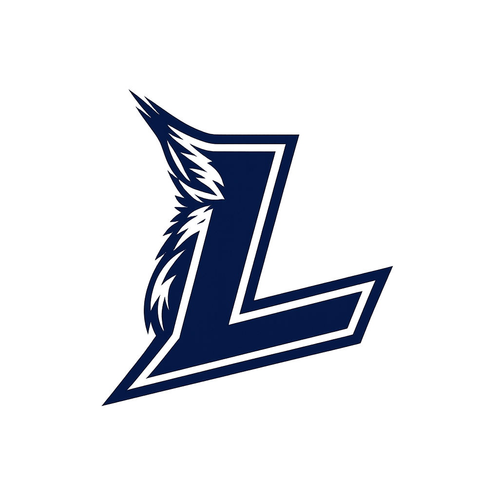 Stylized navy and white letter L logo with feathered accents